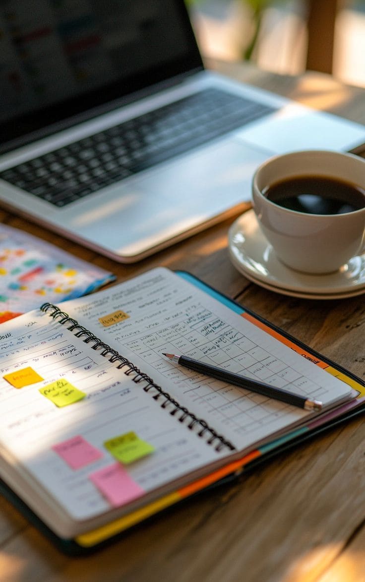 Mesa de trabajo con laptop, cuaderno organizado, taza de café y notas adhesivas